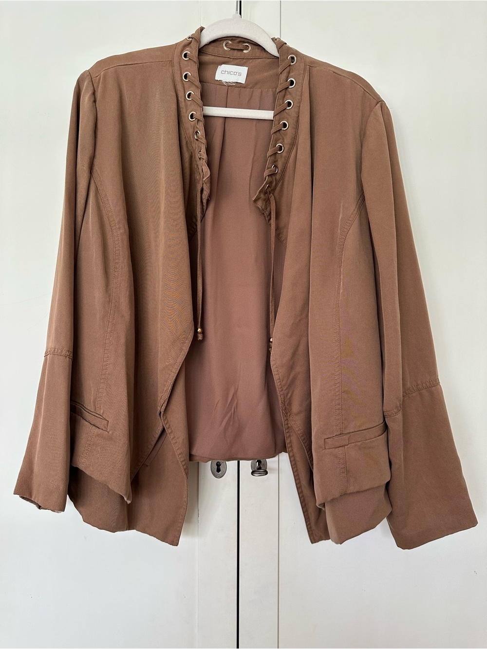 Chico’s Tan Drape Front Open Jacket Lace Up Neck